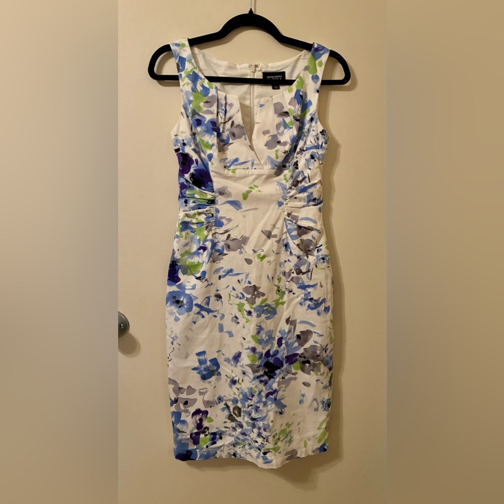 Adrianna Papell White Floral V-Neck Sheath Dress Watercolor EUC 4 Wedding Summer - Picture 2 of 11